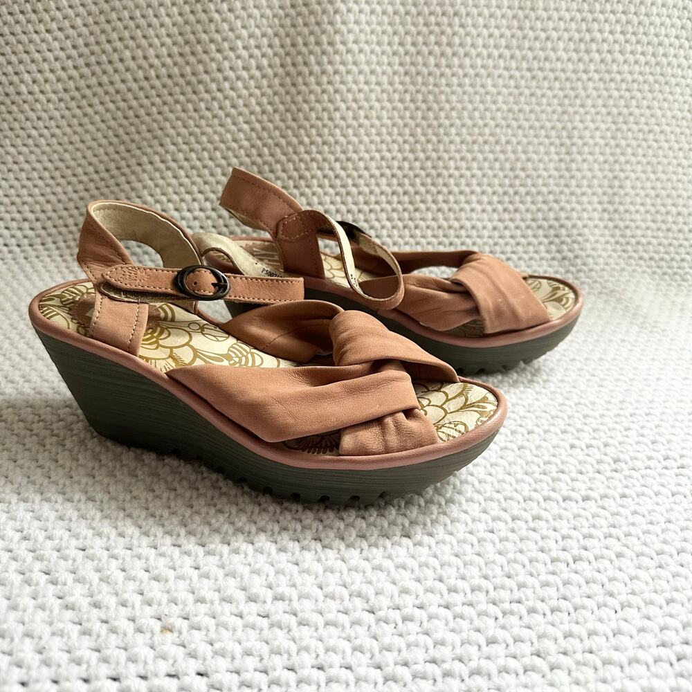 Fly London Blush Pink Nubuck Front Knot Ankle Strap Platform Wedge Sandals 36